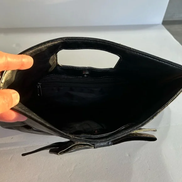 Black Leather Bow Handbag Purse Clutch with Bow - Picture 4 of 6